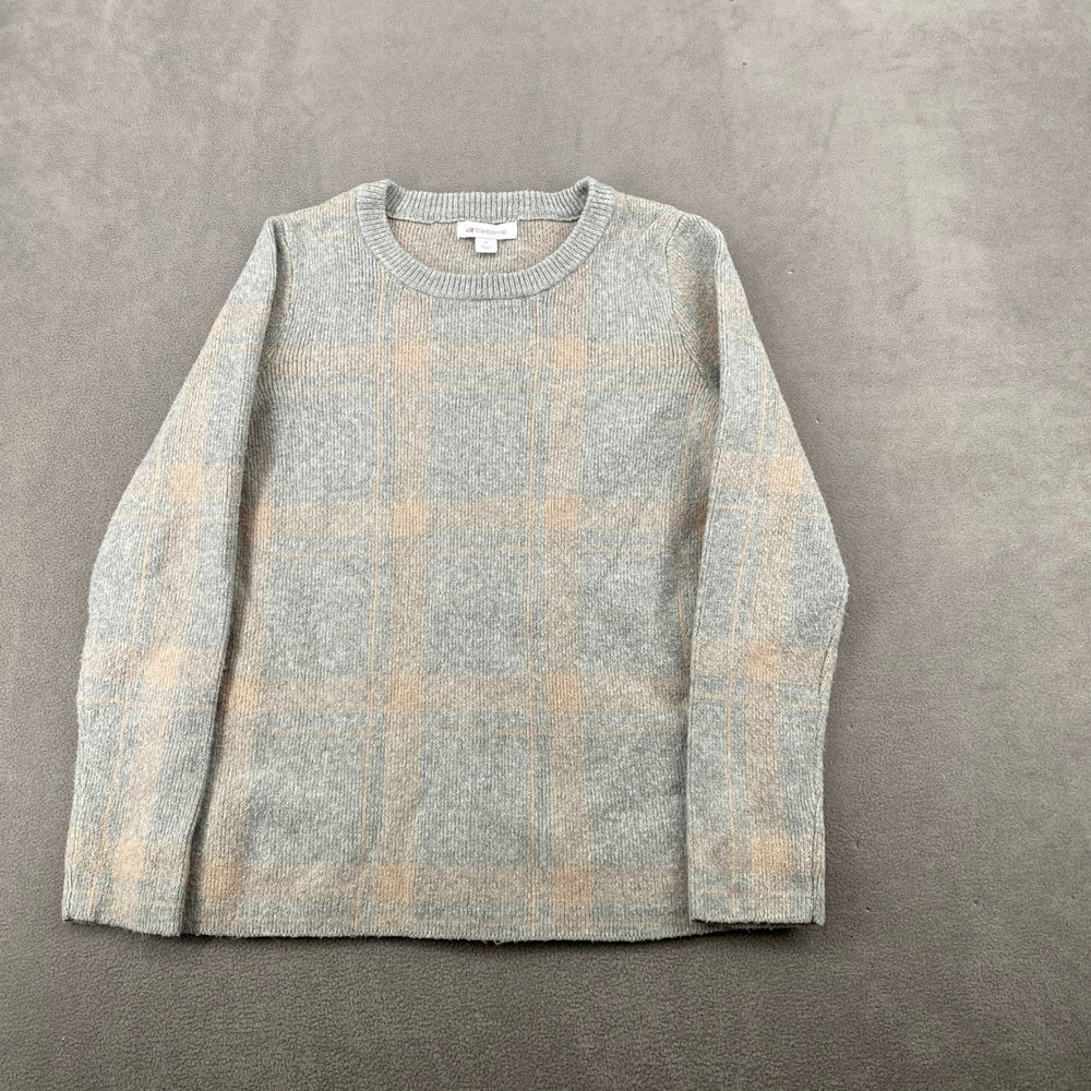 Liz Claiborne Womens Grey Tan Plaid Knit Crewneck Sweater Small Pullover 5257
